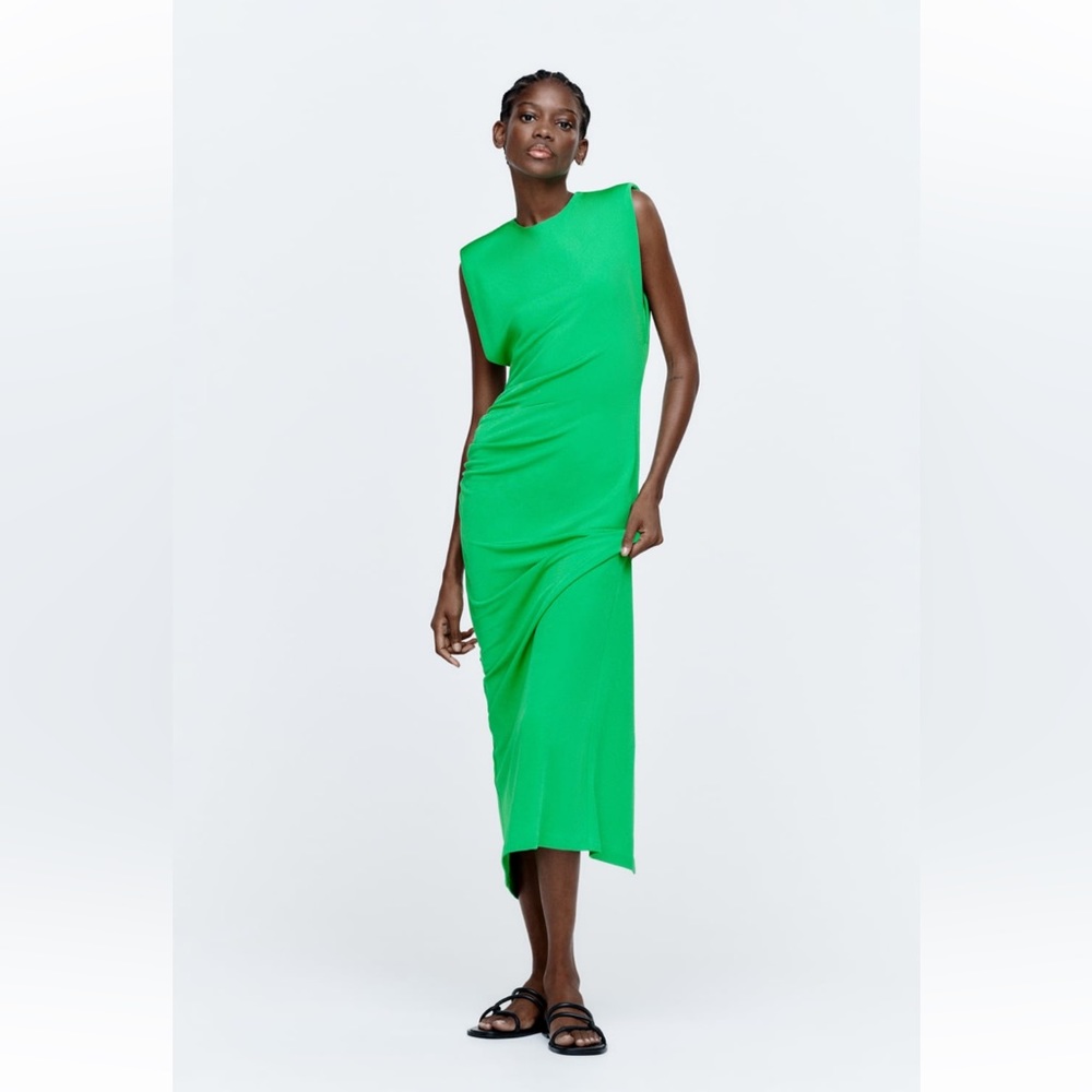 Zara Shoulder Pad Draped Dress Green REF. 4437/246 XS Extra Small